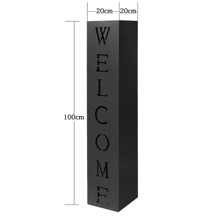 Colonna decorativa in metallo nero con scritta Welcome per ingresso Fioriera