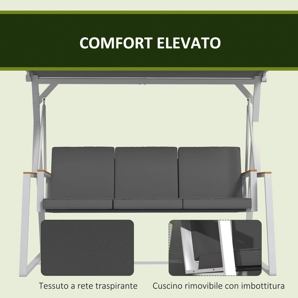 Dondolo da Giardino 3 Posti con Tettuccio Inclinabile, in Acciaio, 205x130x175 cm, Grigio Scuro