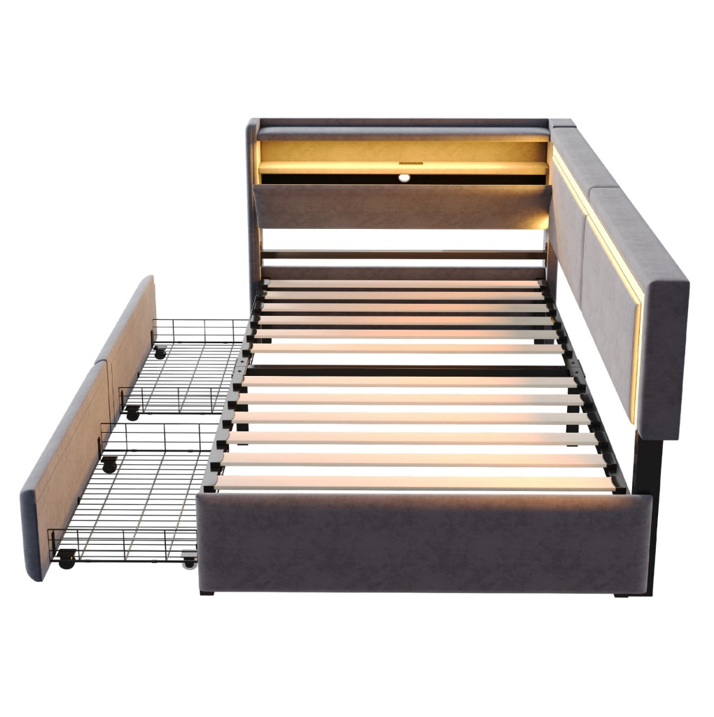 Divano letto 90x200 cm con LED, USB e contenitore in velluto grigio scuro