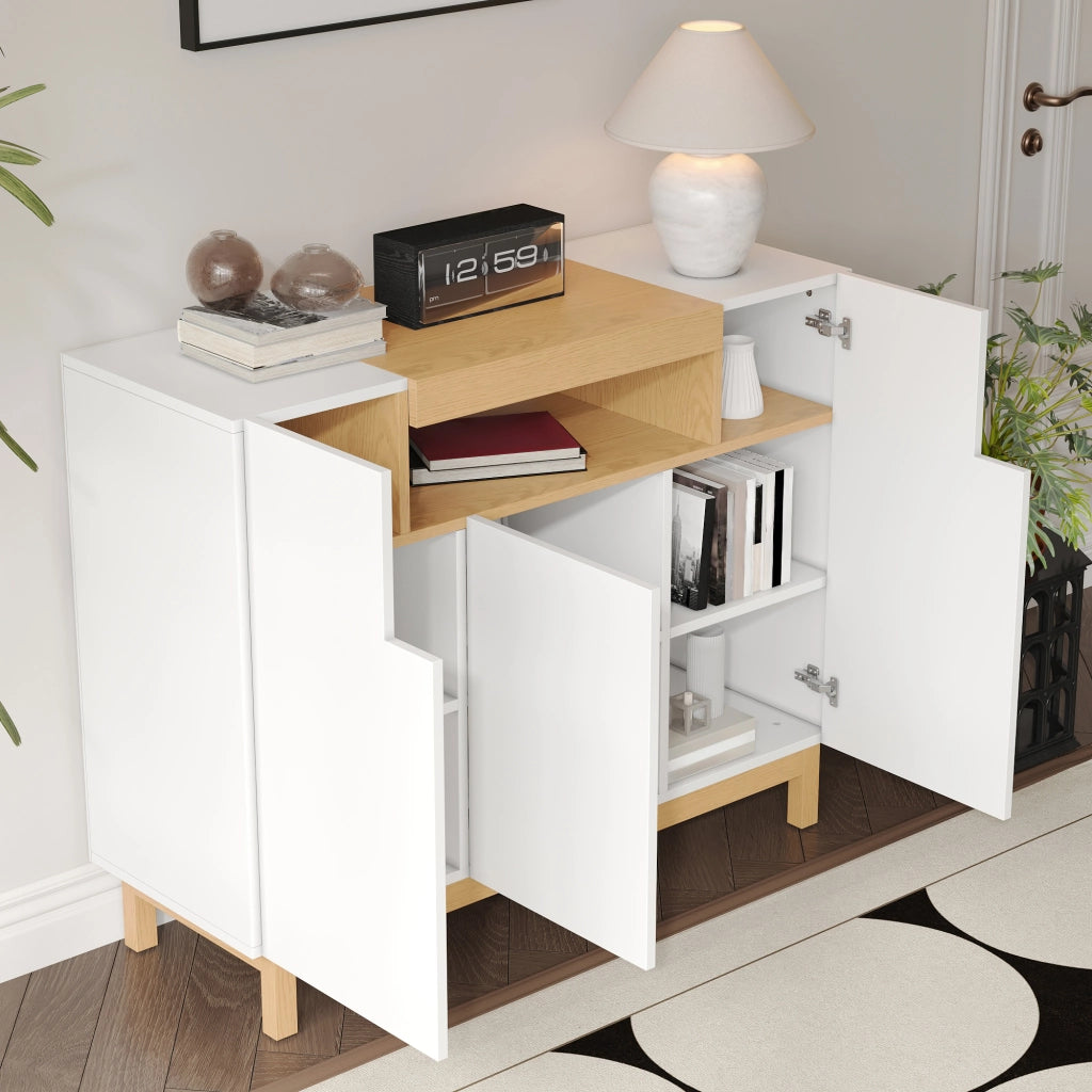 OKWISH Credenza Moderna con 3 Ante e 1 Vano Aperto, per Soggiorno e Sala da Pranzo, Pannelli di Particelle, Bianca
