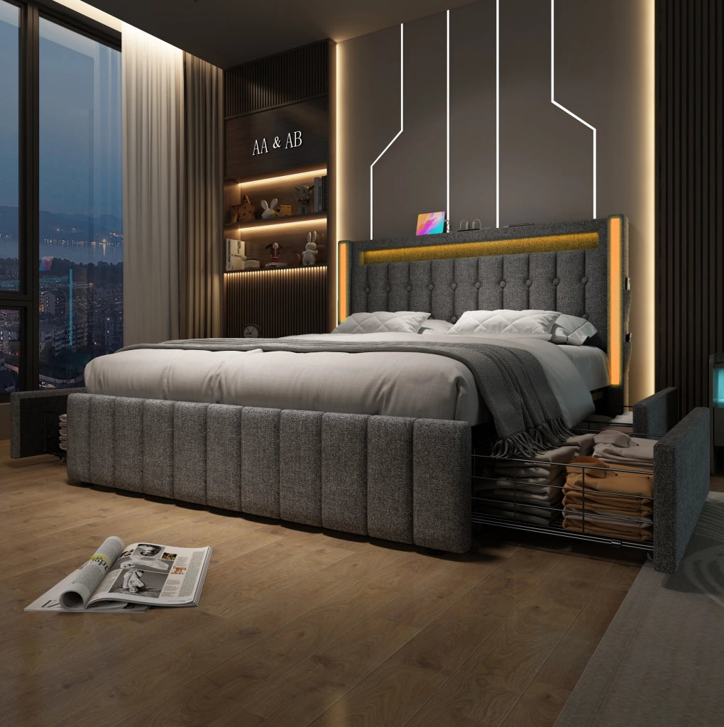 Letto imbottito 140x200 grigio con LED, USB-C, 4 cassetti e rete