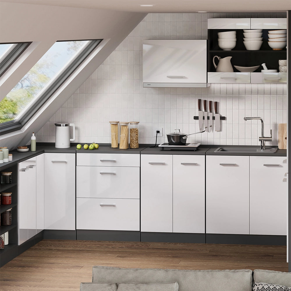 Mobile cucina sottotetto R-Line Bianco lucido/Antracite 60 cm senza inclinazione con 2 ante Vicco