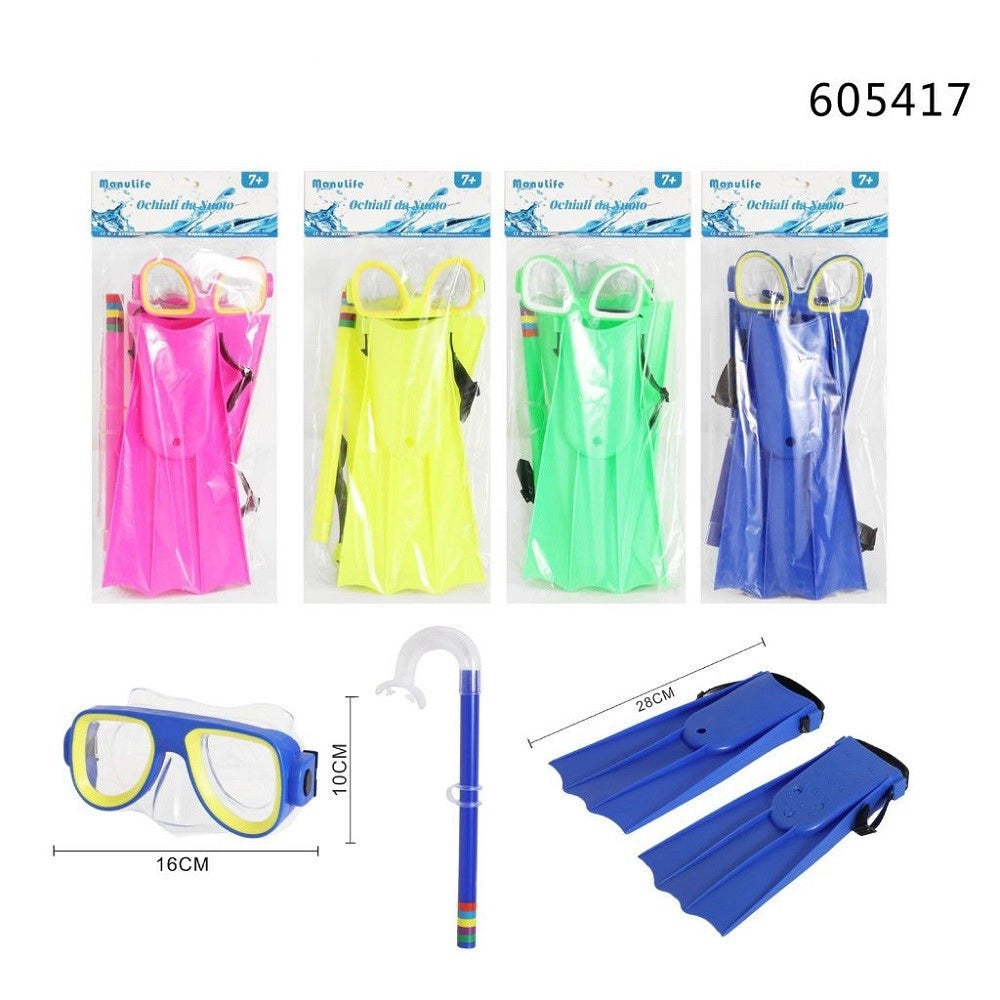 Trade Shop - Set Sub Maschera 16x10cm Boccaglio Pinne 28cm Colorato Nuoto Mare Estate 605417 -