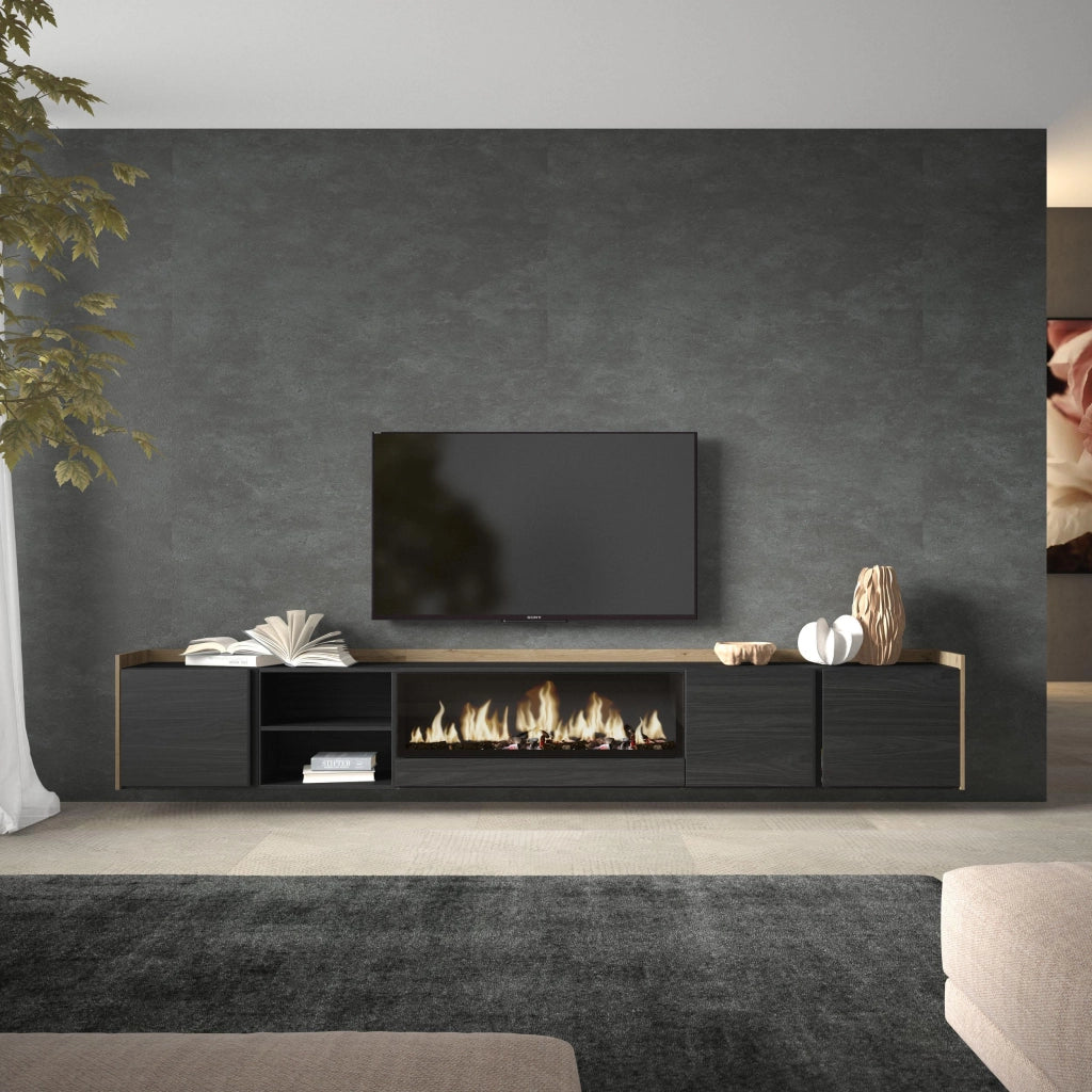 Mobile TV Soggiorno, 315x50x35 cm, Per TV fino a 80", Camino elettrico XXL, Sospeso, da appendere, Nero e rovere