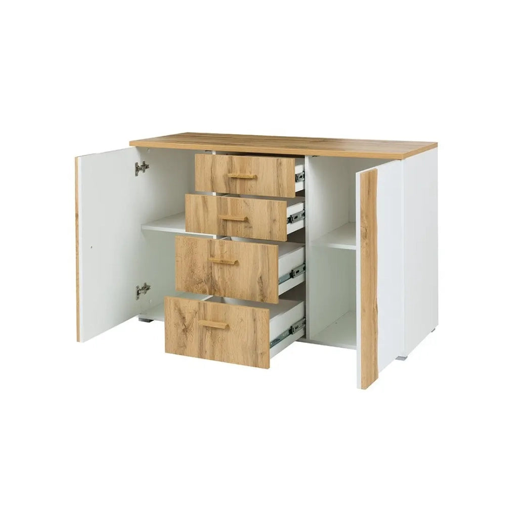 Camera WOOD colori rovere e bianco con letto contenitore LED, cassettiera, comodini e armadio