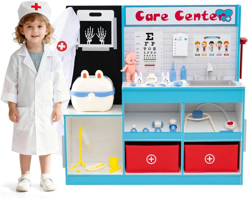 Set Gioco Dottore per Bambini, Gioco di Ruolo Medico in Legno con Stetoscopio, Radiografie, Monitor ECG, Tabella Oculistica e 29 Accessori, Medico Giocattolo per Bambini 3+ Anni (Blu)