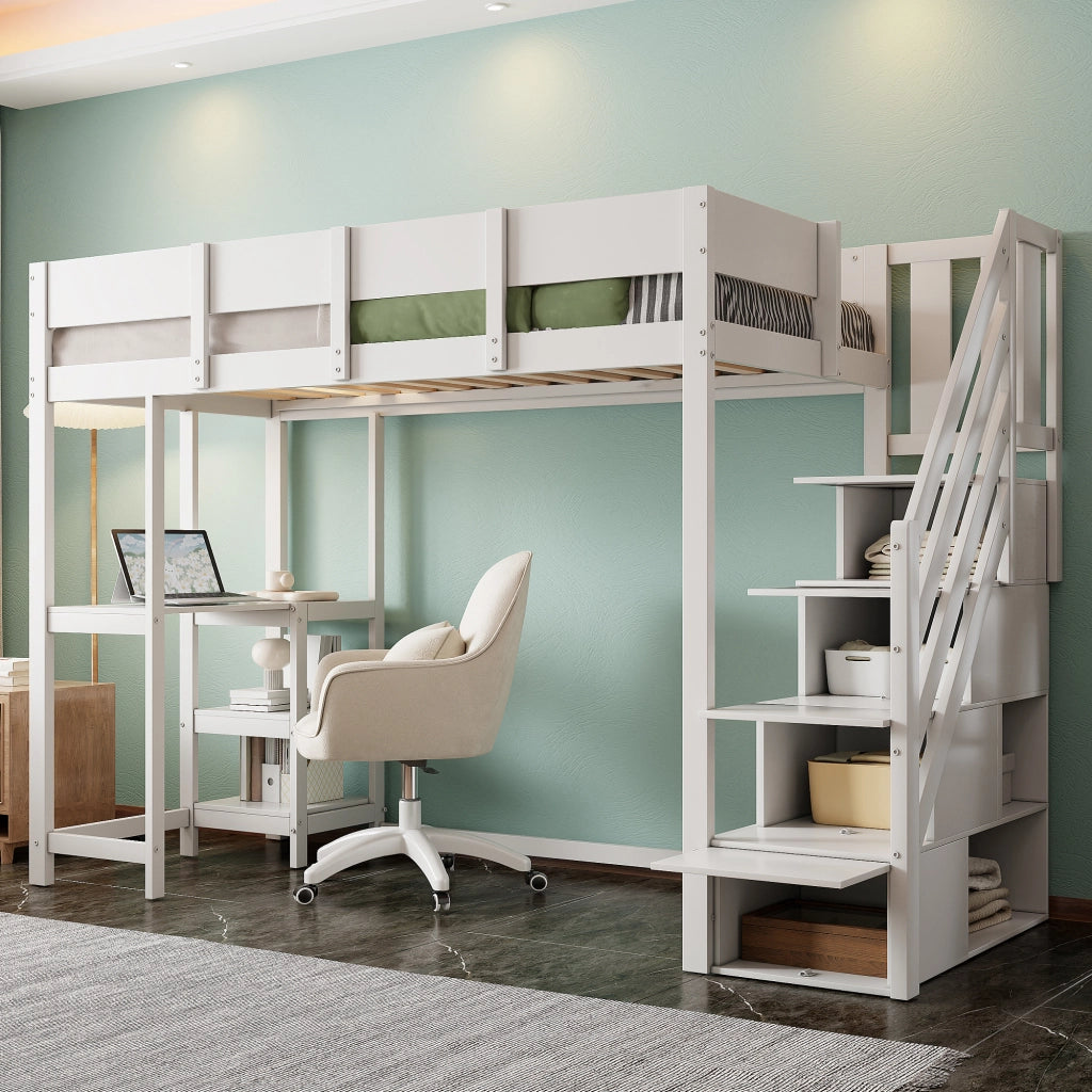 OKWISH Letto a Soppalco 90×200 cm, Letto Singolo con Scala Contenitore, Mensola e Sponde, senza Materasso, in Legno, Bianco