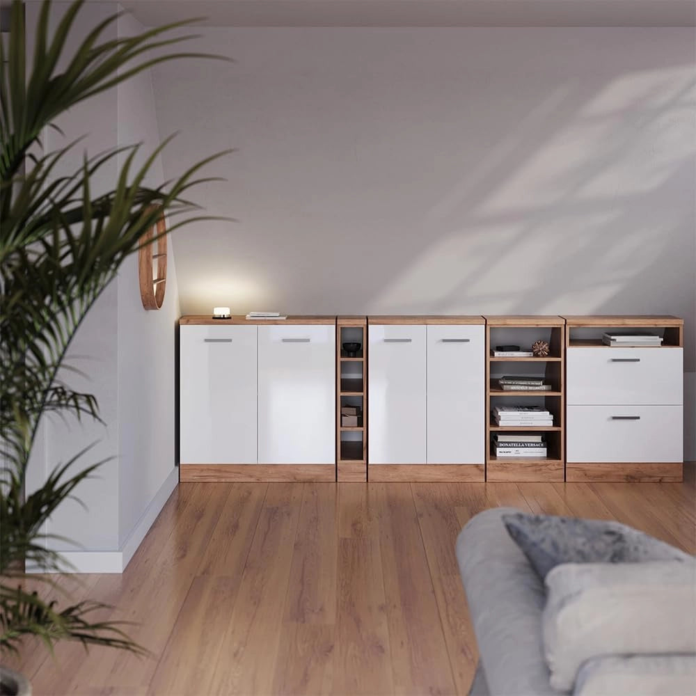 Set di mobili sottotetto Rion, Bianco lucido, 140 cm Set di 2 carcasse armadio profondità 60 cm, adatto per il salvaspazio sotto tetti spioventi