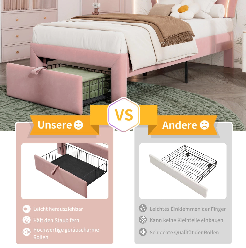 Letto singolo 90x200 rosa con LED RGB, cassetto e rete