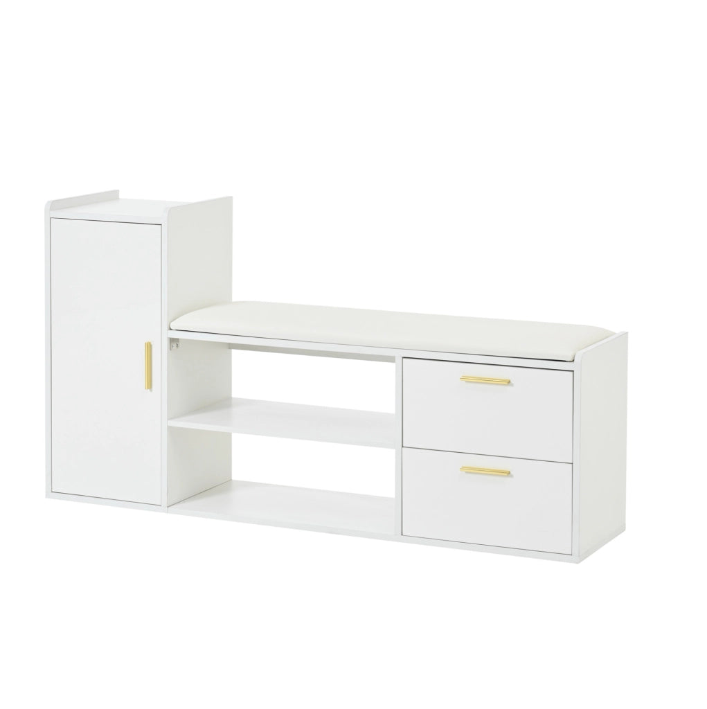 Scarpiera salvaspazio 128x30x68 cm con 2 cassetti; 1 anta e seduta imbottita; bianco lucido