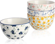 Commesette ceramica - set di ciotole da riso in porcellana 350 ml - ciotola dessert 11,4 cm con disegno di fiori - 4 ciotole colorate e allegre per gelato - zuppe - snack - contorni - resistente al microonde