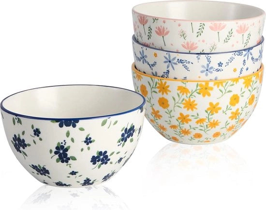 Commesette ceramica - set di ciotole da riso in porcellana 350 ml - ciotola dessert 11,4 cm con disegno di fiori - 4 ciotole colorate e allegre per gelato - zuppe - snack - contorni - resistente al microonde