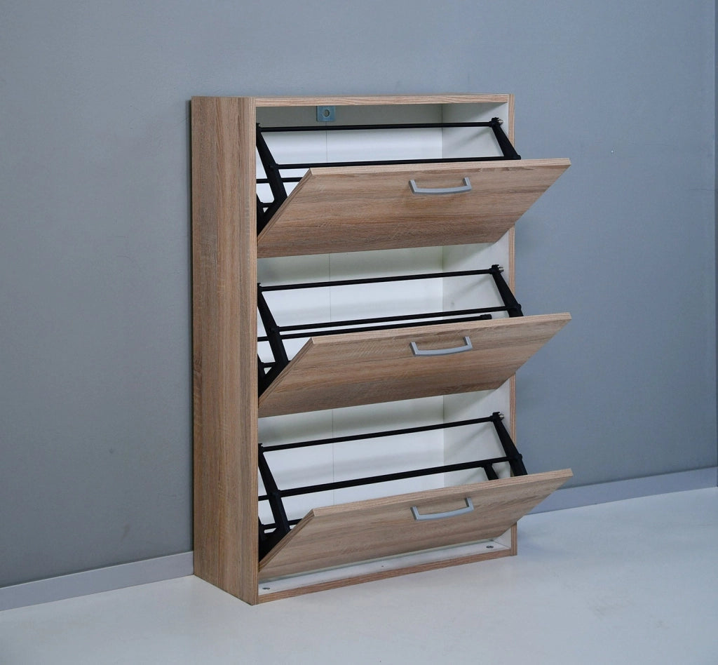 Scarpiera Salvaspazio 3 Ante Doppia Profondità 18 Paia 65x25x99,6 cm in Truciolare Nobilitato Rovere Sonoma