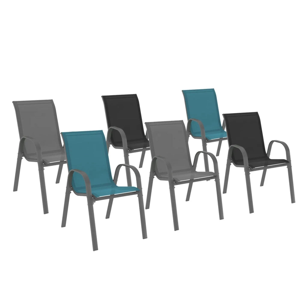 IDMarket - Set di 6 sedie impilabili in metallo e textilene grigio, nero, blu LYMA