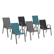 IDMarket - Set di 6 sedie impilabili in metallo e textilene grigio, nero, blu LYMA