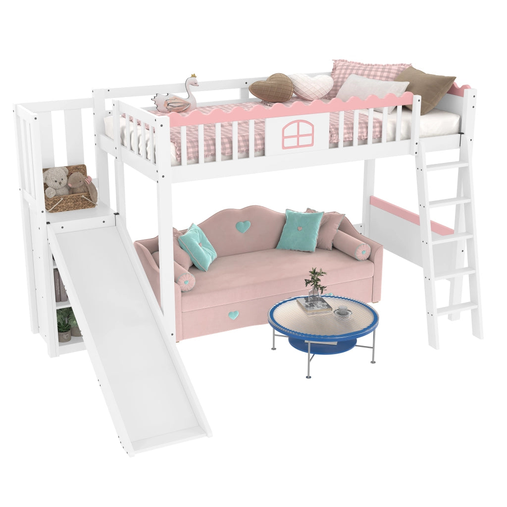 OKWISH Letto a Soppalco 90×200 cm, Letto Singolo con LED, 3 Mensole e Scivolo, senza Materasso, in Pino e MDF, Bianco