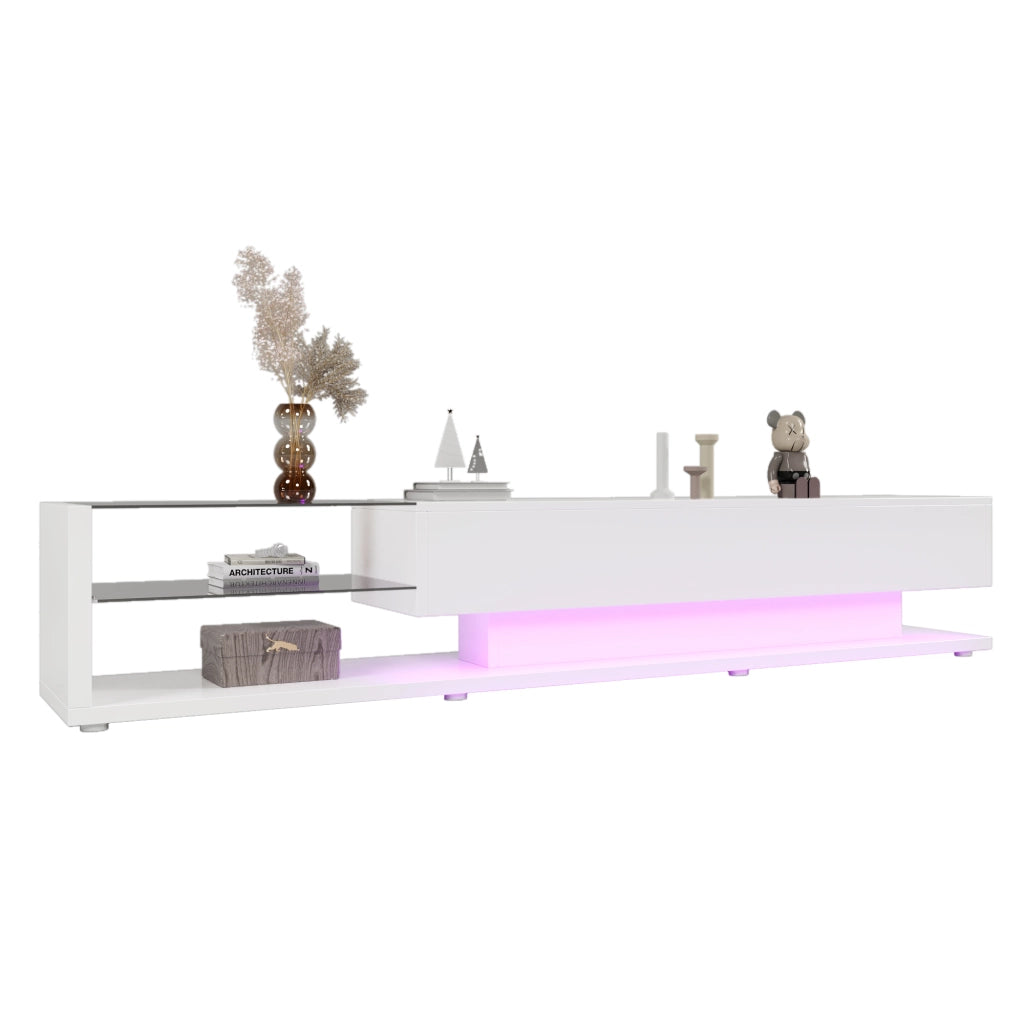 Mobile TV 170x36x38 cm; 2 cassetti e 2 ripiani in vetro; illuminazione LED; truciolare bianco