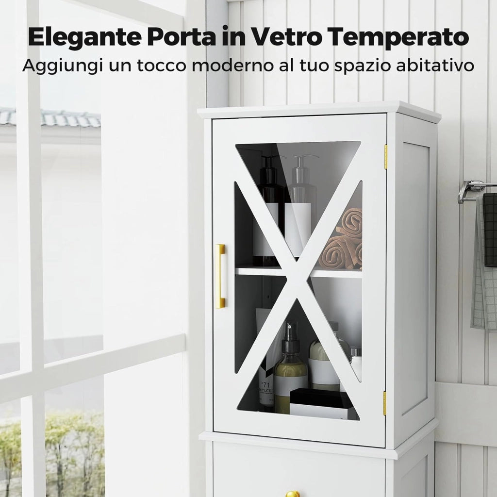 Armadietto da Bagno 40 x 30 x 168 cm, Colonna Bagno con Cassetto, 2 Ante e 3 Ripiani Regolabili, Mobiletto Salvaspazio per Cucina, Soggiorno e Ufficio (Bianco)