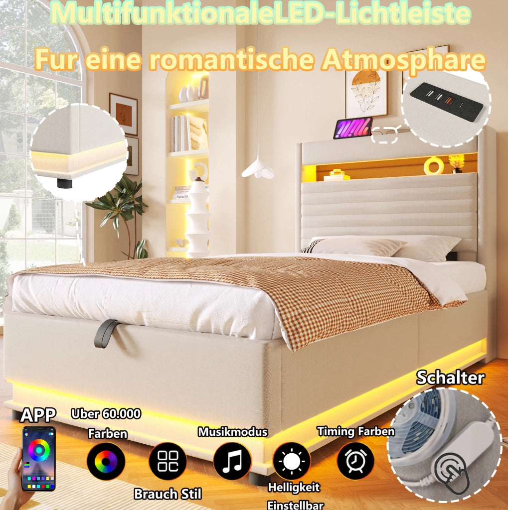 Letto imbottito con contenitore e LED, 90 x 200 cm, beige