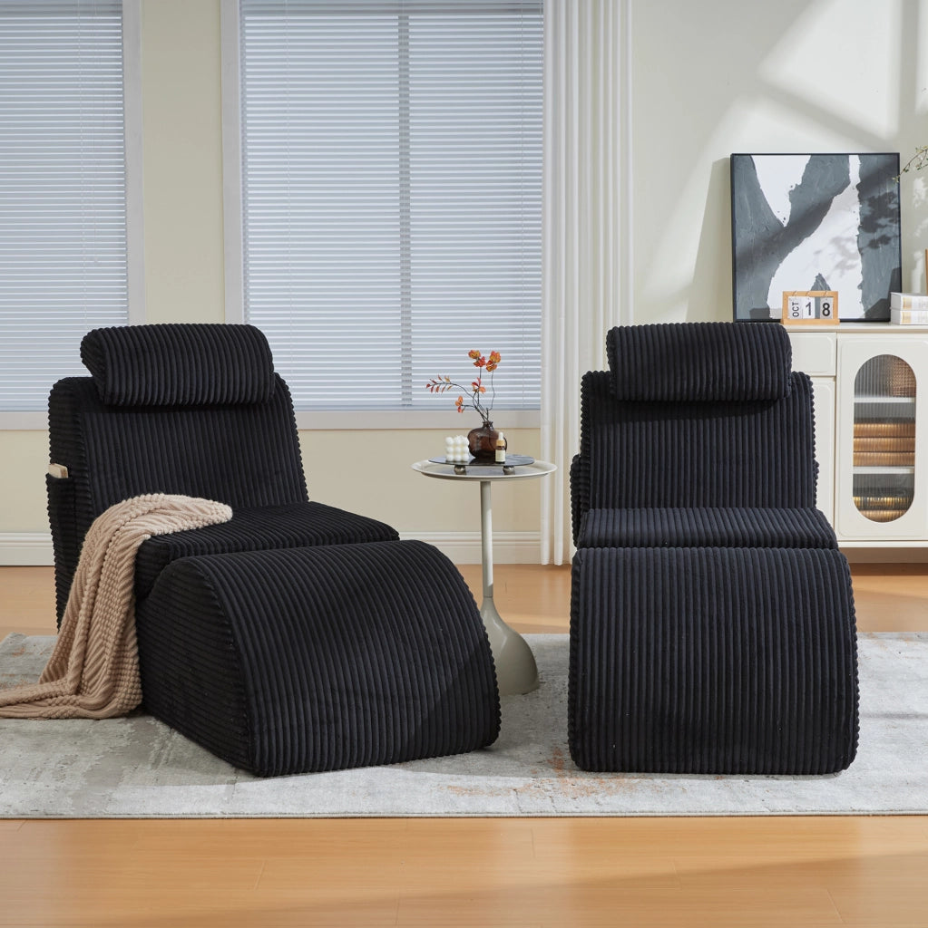 Poltrona singola moderna in velluto a coste nero; 160x66x90 cm; con cuscino rimovibile e tasca laterale