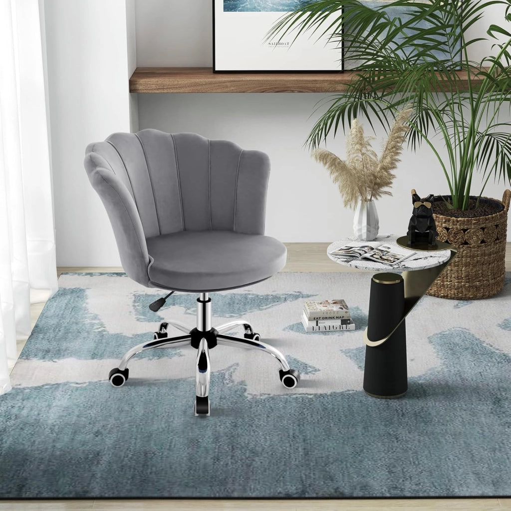 Sedia da Scrivania in Velluto, Poltrona Girevole con Altezza Regolabile, con Schienale a Forma di Petalo e Ruote, per Casa Ufficio, Carico Massimo 150 kg (Grigio)