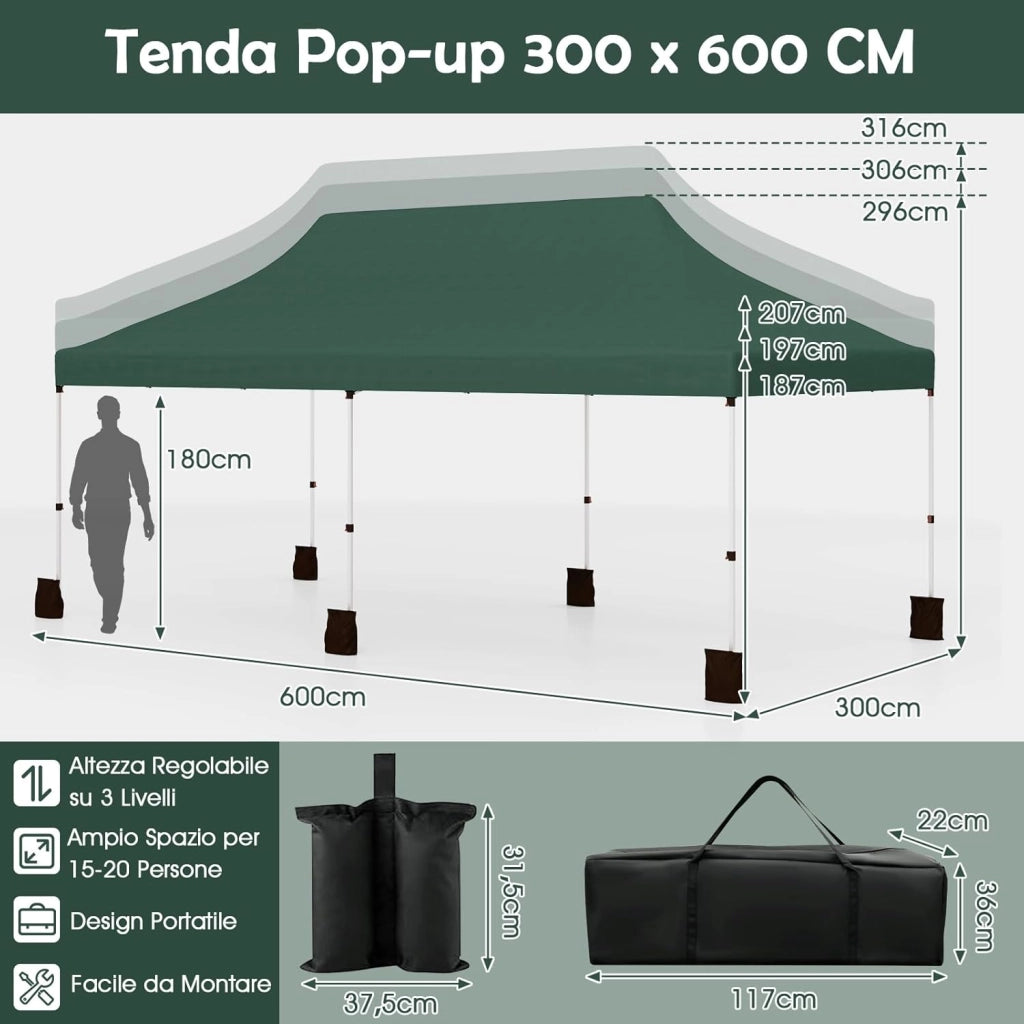 Gazebo Pieghevole da Giardino 3 x 6m, Gazebo Pop-up con Borsa da Trasporto, Regolabile in Altezza, per Feste (Verde)