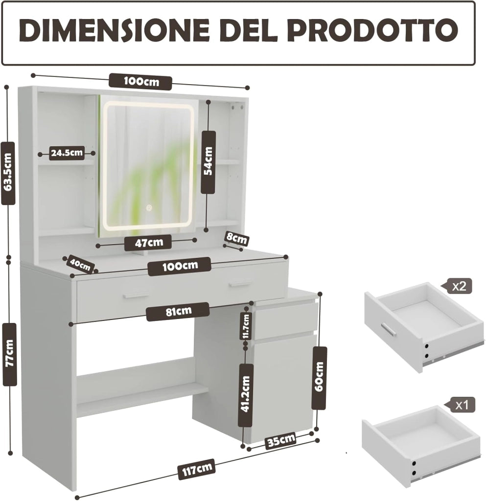 Toeletta Trucco con Luci LED,Tavolo da Trucco con Specchio,3 con Luminosità Regolabile,Postazione Trucco con Cassetti,Ripiani Aperti,Moderno, Bianco