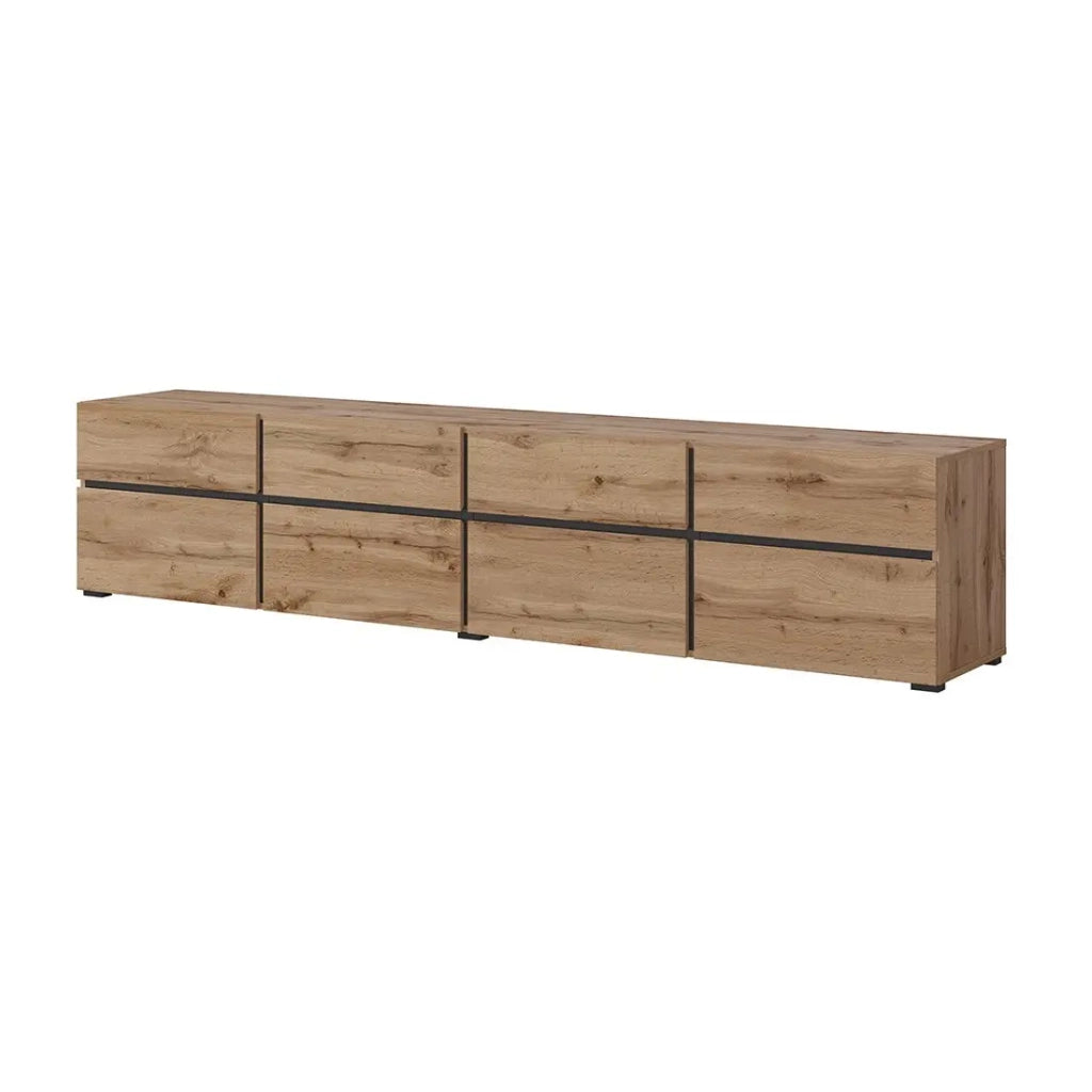 Mobile TV XL colore quercia e nero 225cm collezione HAVANA. Mobile design con 4 porte e 4 cassetti.