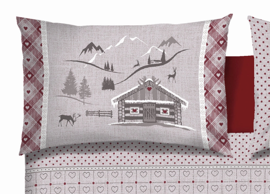 Copripiumino Sacco Piumone Pensieri Delicati Cotone Disegno Chalet - Matrimoniale - Rosso