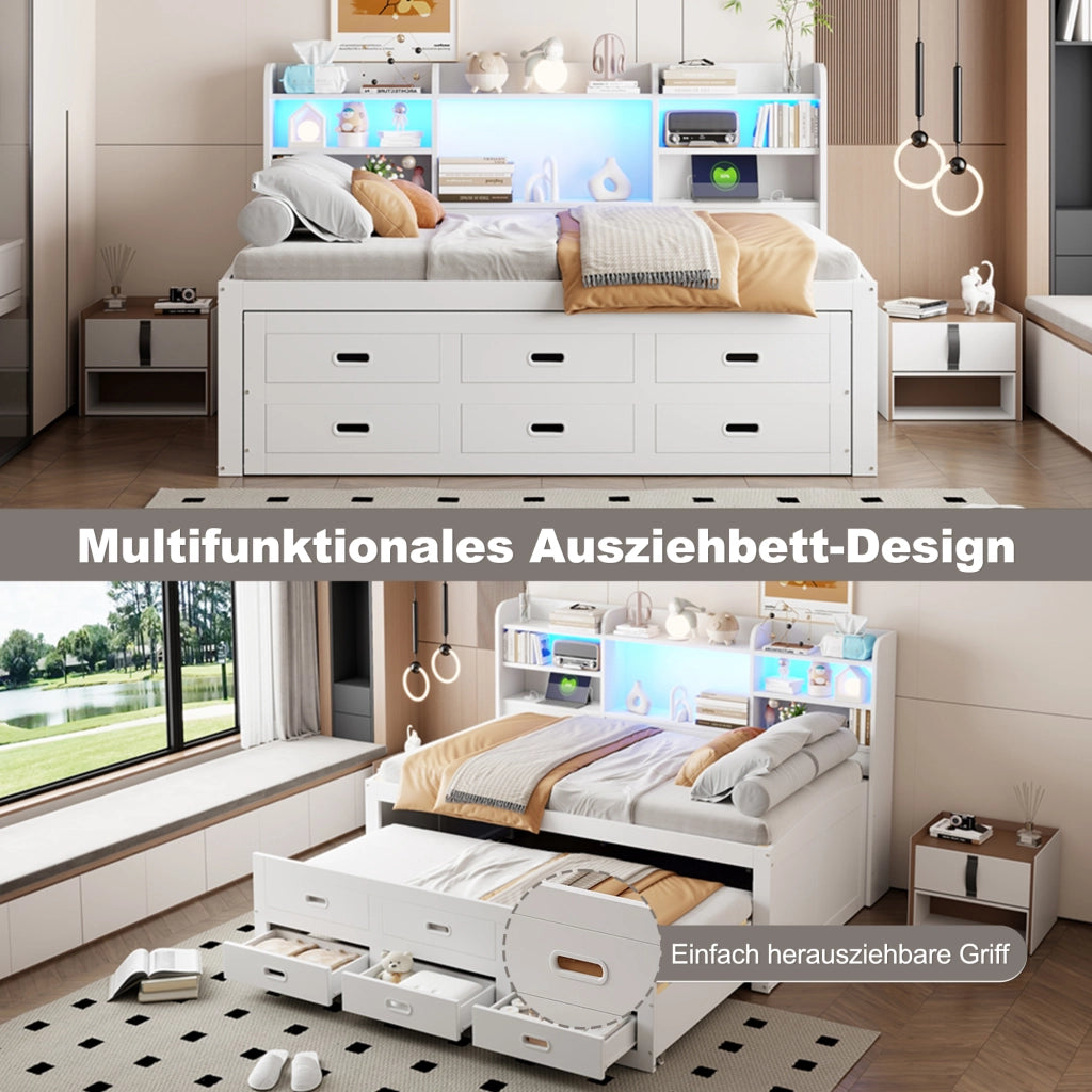 DESMIU Letto divano 90 × 200 cm 1 posto con LED, 3 cassetti, USB e Type-C, senza materasso, bianco