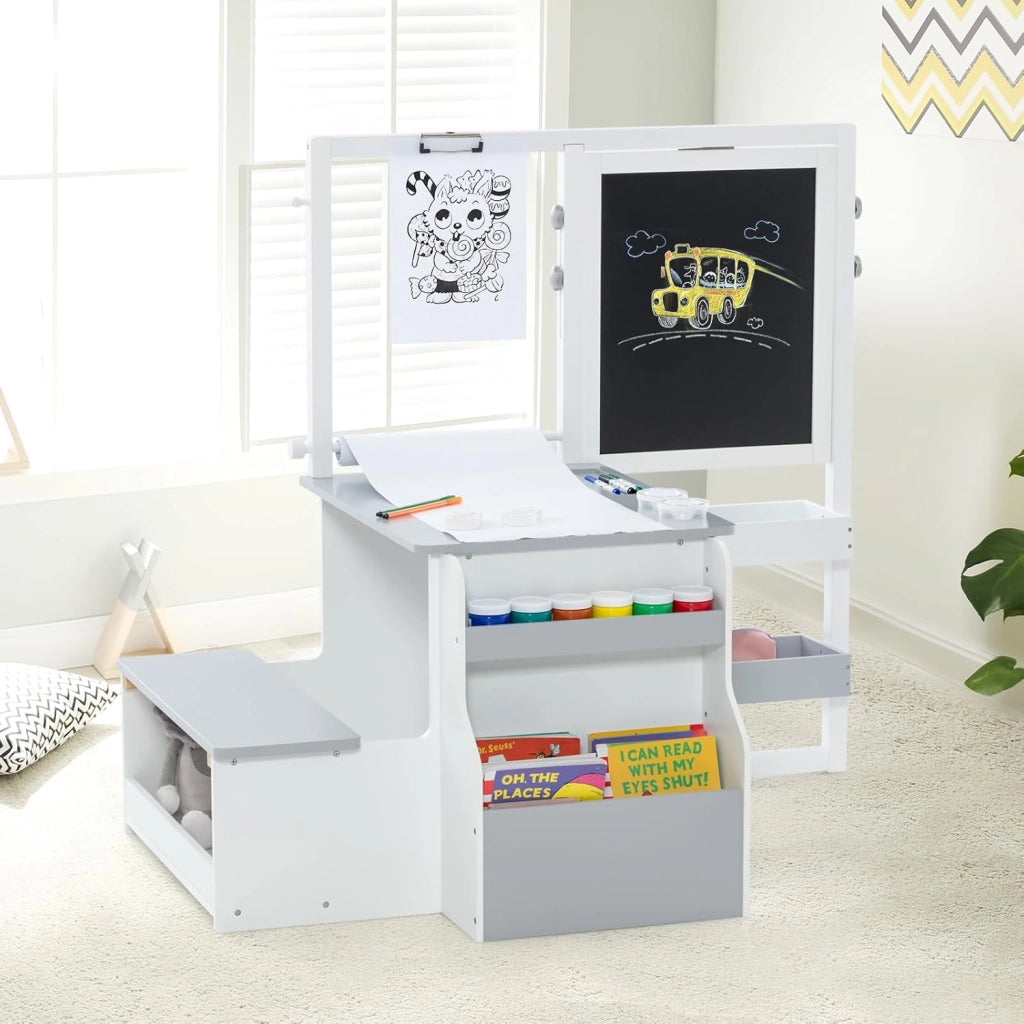 Set 3 in 1 Tavolo e Sedie per Bambini 3+ Anni, Tavolo in Legno Sicuro con Lavagna Cancellabile, Magnetica, Cavalletto Regolabile, Libreria e Accessori Artistici, per Disegno (Bianco e Grigio)