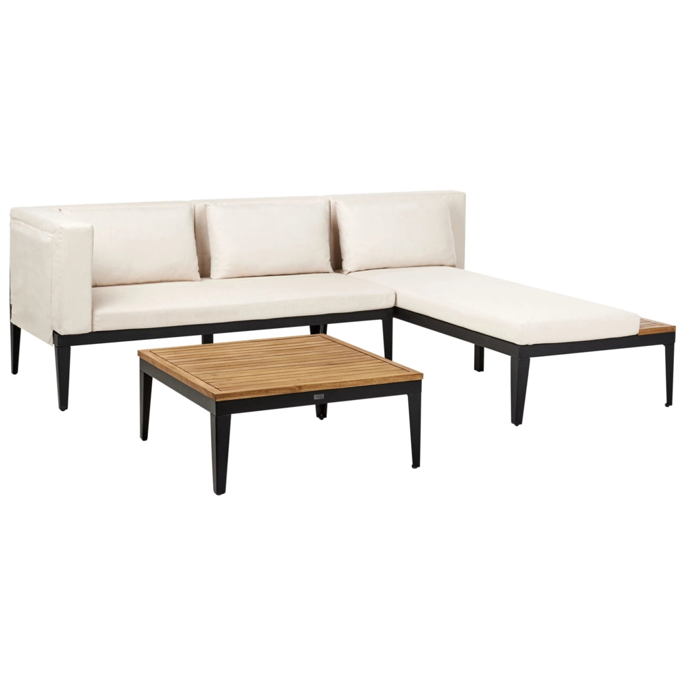 Set da giardino 3 posti in legno di acacia certificato con divano angolare tavolino e cuscini beige chiaro lato sinistro