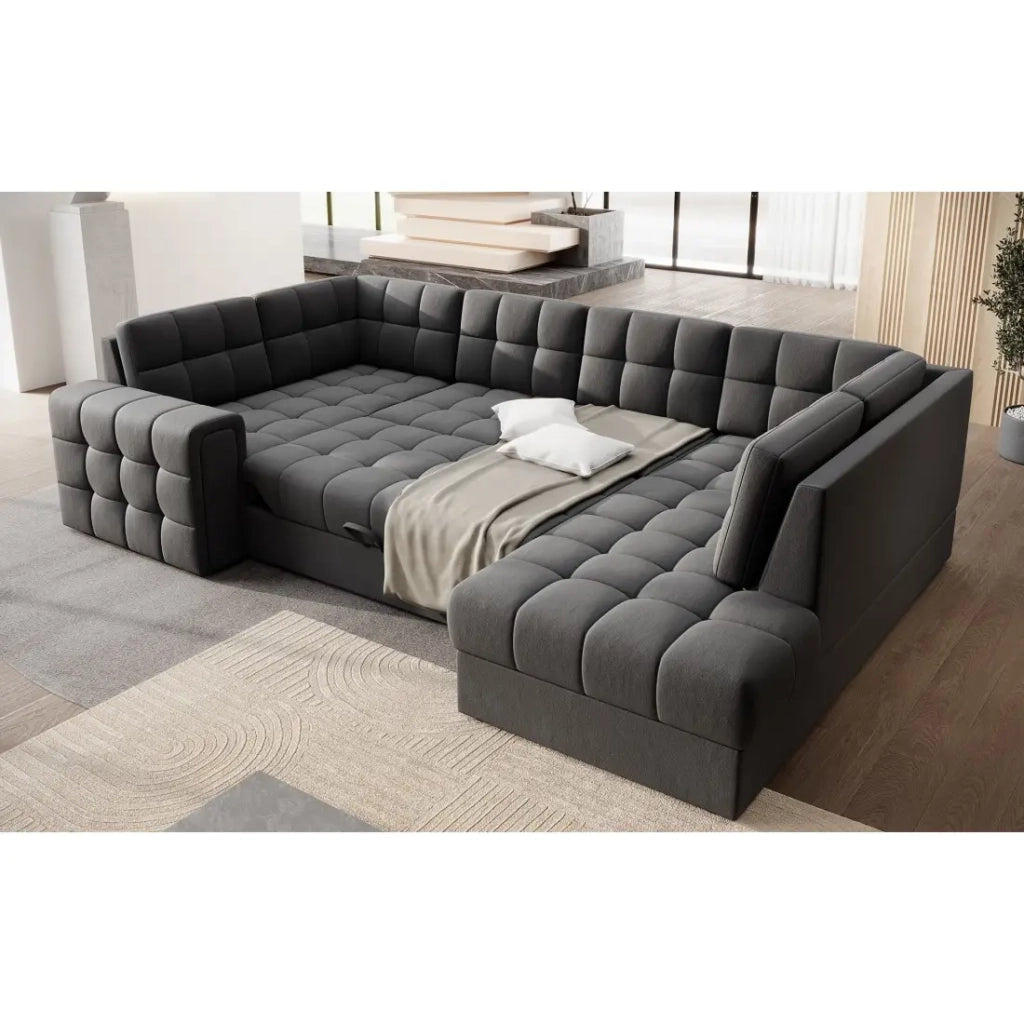 Divano angolare trasformabile MONTEZA grigio scuro 299 cm con contenitore e letto