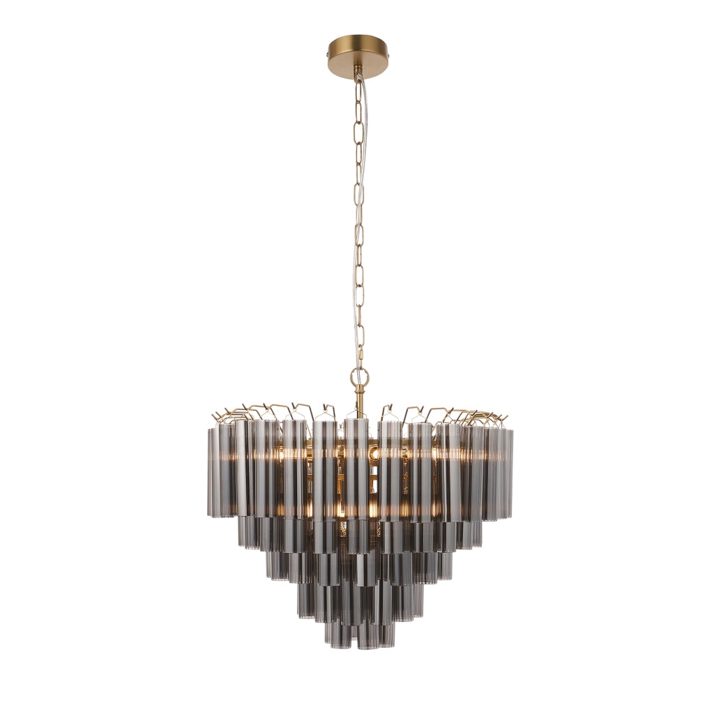 Lampadario Toulouse ottone satinato vetro fumé 12xG9 Endon