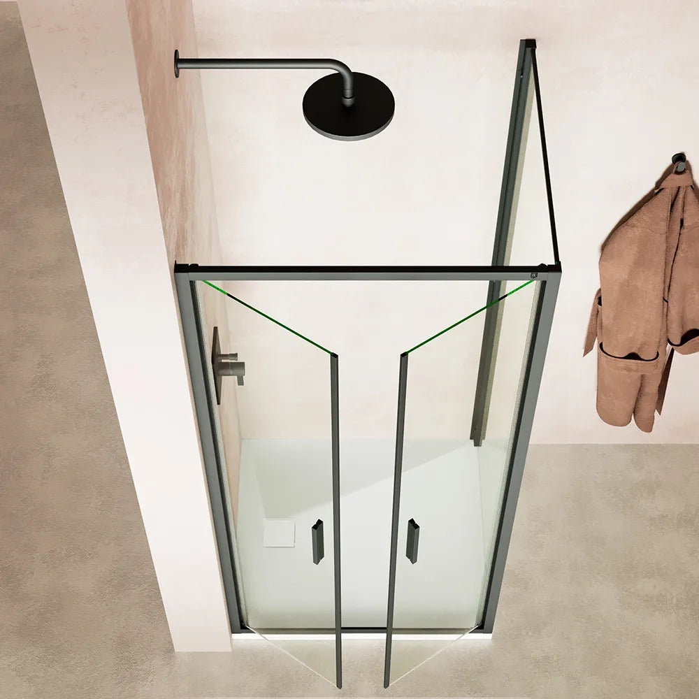 Box doccia slim 90x100cm con apertura saloon e parete fissa profili nero opaco e vetro 6mm trasparente h190| Portofino