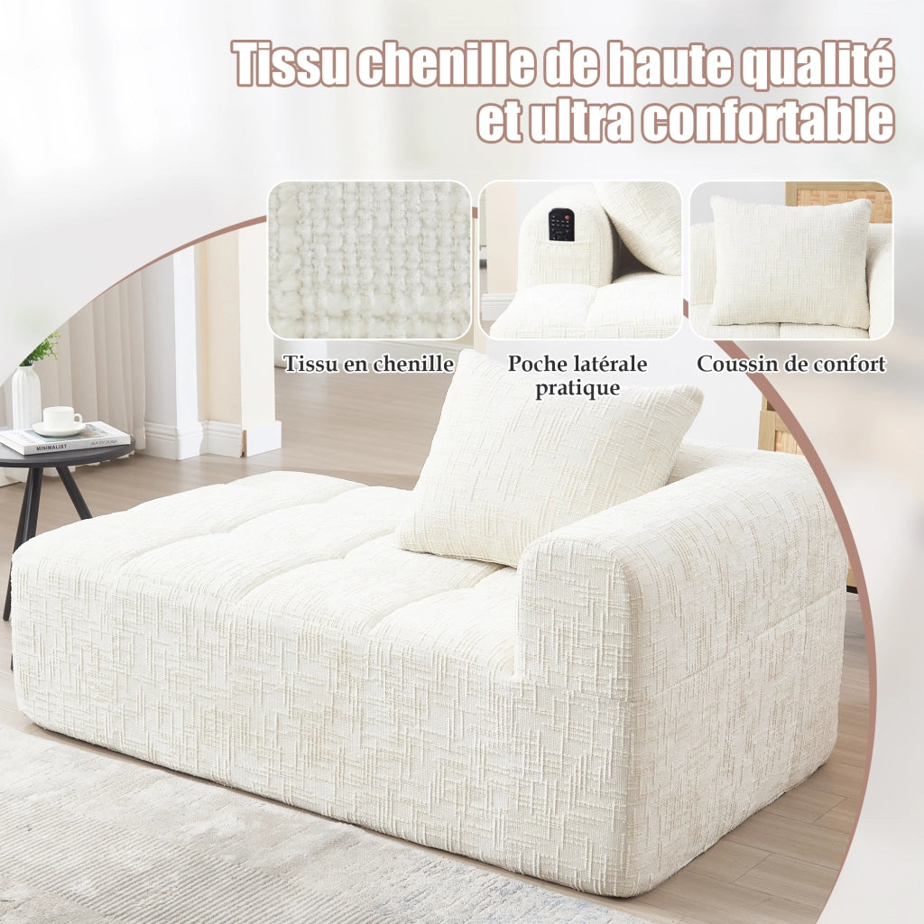 Chaise Longue con Cuscino e Tasche Laterali; Divano Relax in Ciniglia Beige; 158 × 90 × 60 cm