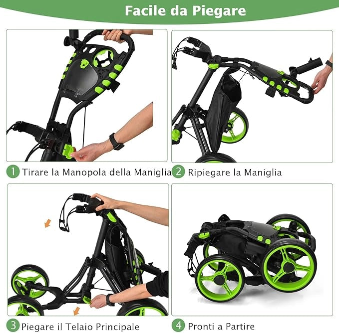 Carrello da Golf a Spinta e a Trazione, Carrello Golf Pieghevole Leggero a 4 Ruote con Borsa Impermeabile, Freno a Pedale, Porta Tazza e Porta Ombrello Regolabile(Verde)