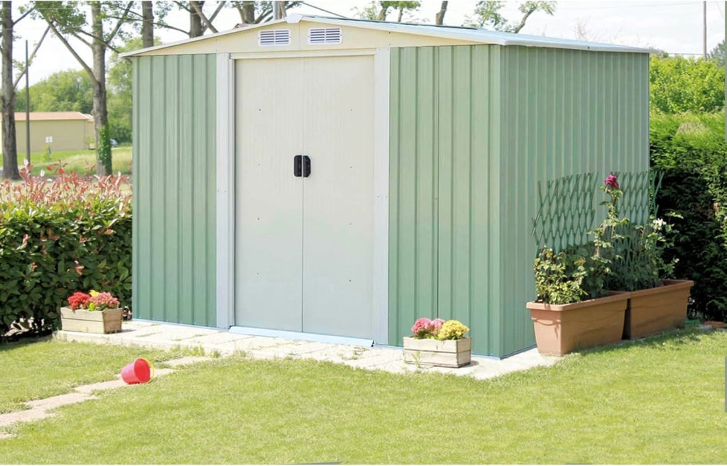 Casetta da Giardino 4,75㎡, Capanno da Esterno in Lamiera Zincata Resistente alle Intemperie con Porta Scorrevole e Tetto a Sella Galvanizzato con Ventilazione, 257 x 205 x 175,5 cm
