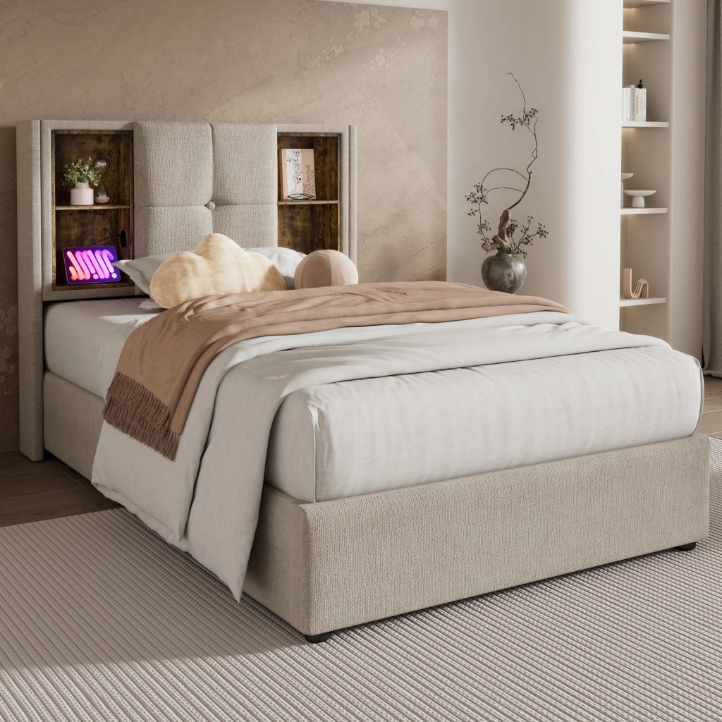 OKWISH Letto Contenitore 90×200 cm, Letto Singolo con Ricarica Wireless, USB e Tipo C, Testiera con Vani a Giorno, senza Materasso, Lino Naturale