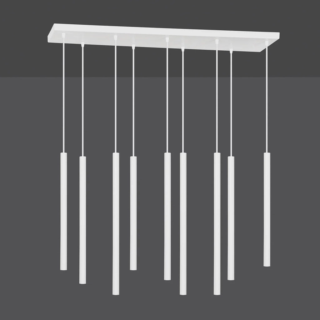 Lampadario 9 Luci Moderno Shu Acciaio Bianco E Paralumi A Cilindri Sottili