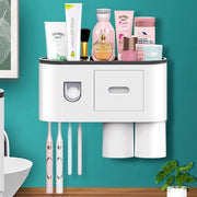 Dispensatore di dentifricio automatico per parete | Ospite per spazzola da denti | 4 alloggi per spazzola da denti | Cassetta stoffa impermeabile | 2 coppe magnetiche | Organizzatore multifunzionale per spazzole da denti