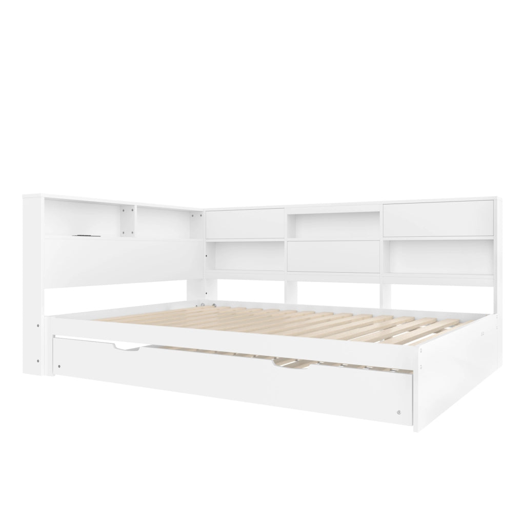 Daybed con letto estraibile 140x200 cm; testiera con vano contenitore e USB/Type-C; bianco