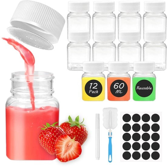 Bicchieri senza spillo 60 ml/100 ml - Piccoli flaconi - Flaconi in plastica - Riciclabili - Impronti di acqua - 12 pezzi con adesivi
