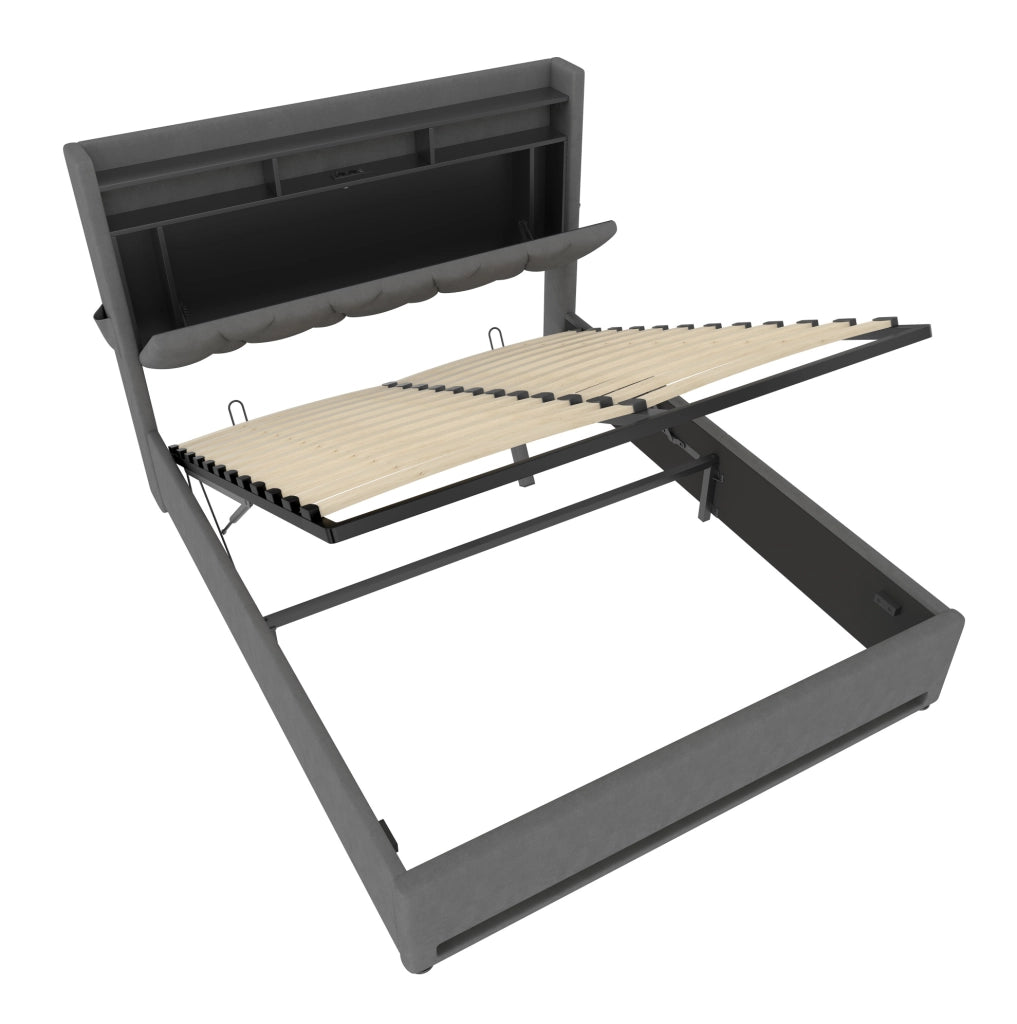 Letto imbottito 140x200 cm con LED, USB-C e vano contenitore