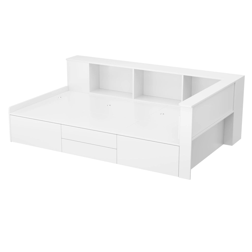 Letto per bambini 90x200 cm bianco con cassetti, libreria laterale e vani contenitore, senza materasso