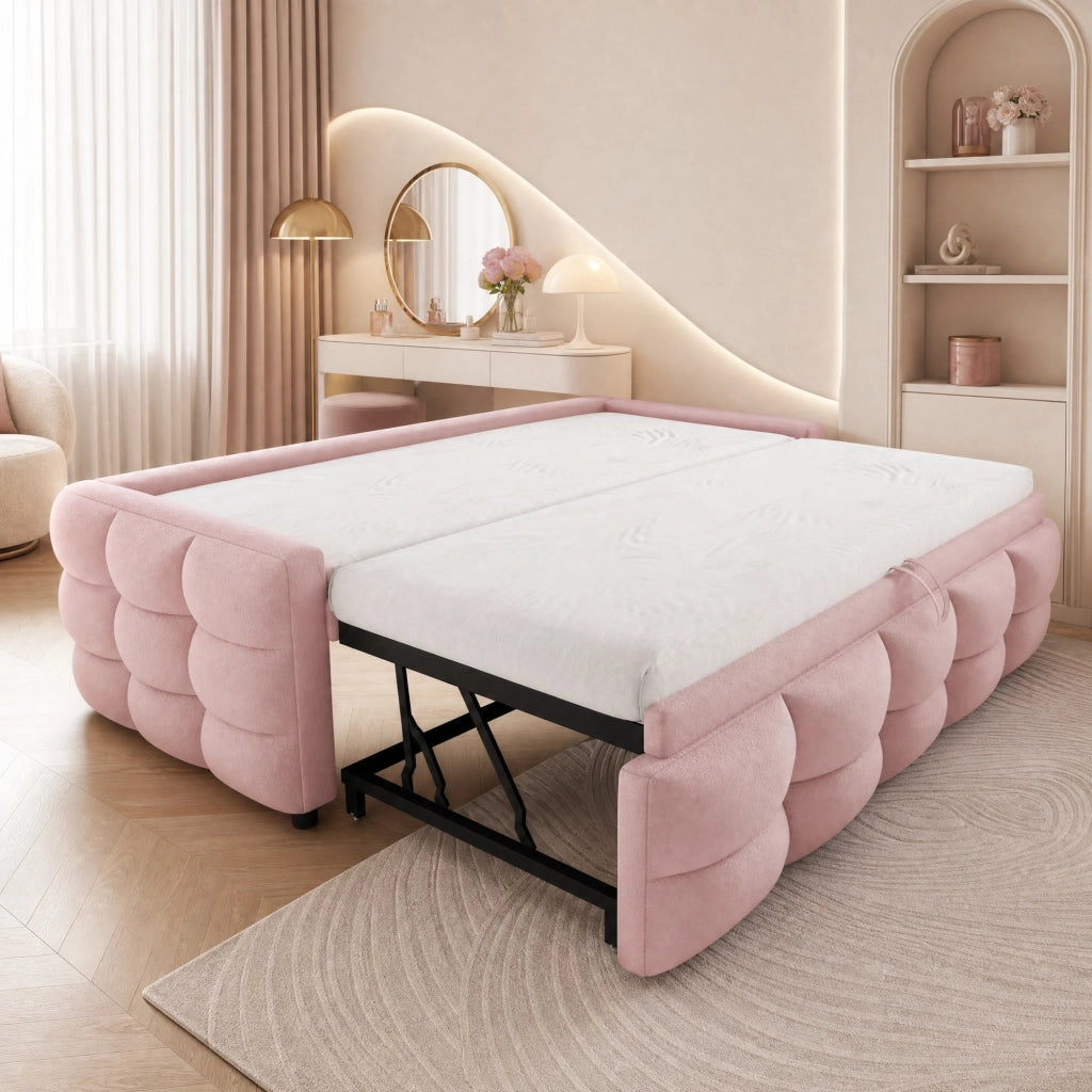 Letto imbottito estraibile combinato 90/180 x 190 cm, velluto Teddy, rosa, con rete a doghe