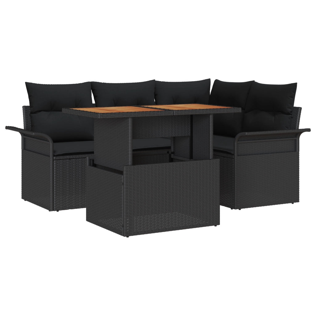 Set da pranzo da giardino 5 pezzi con cuscini Nero Polyrattan Acacia