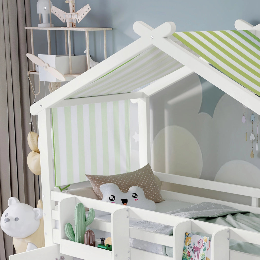 OKWISH Letto a Castello 90×200 cm, Letto Singolo con Scala Contenitore, Armadio, 7 Vani e Spondina, senza Materasso, Bianco Verde