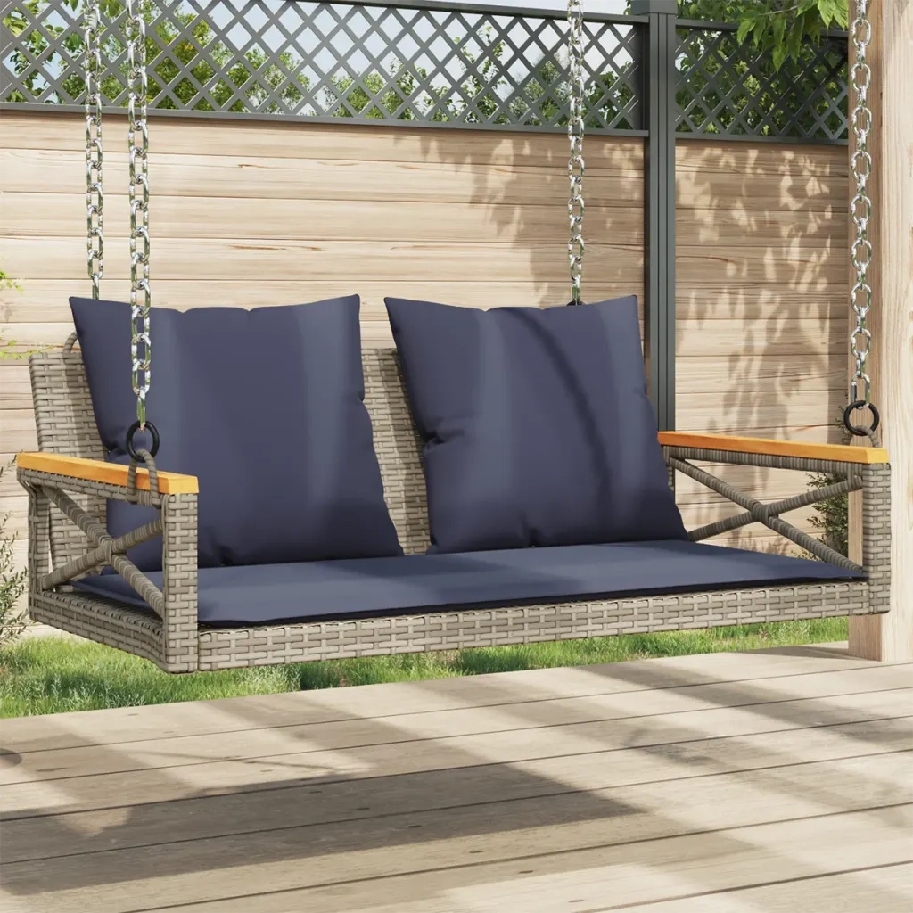 Panca da Giardino | Panchina Dondolo con Cuscini Grigia 109x62x40 cm in Polyrattan