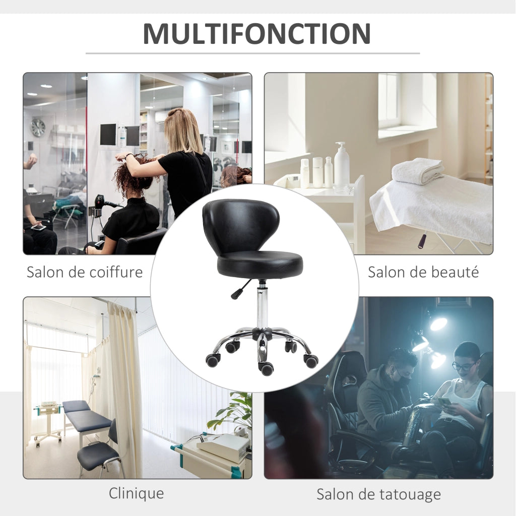 Sgabello da lavoro con rotelle e schienale ¨C Zephmum ¨C Struttura in metallo cromato, rivestimento nero, altezza regolabile 49-64 cm